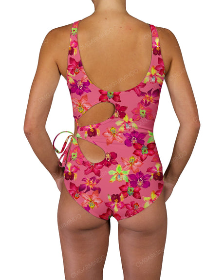 Crew Neck Binding Left Flower One Piece