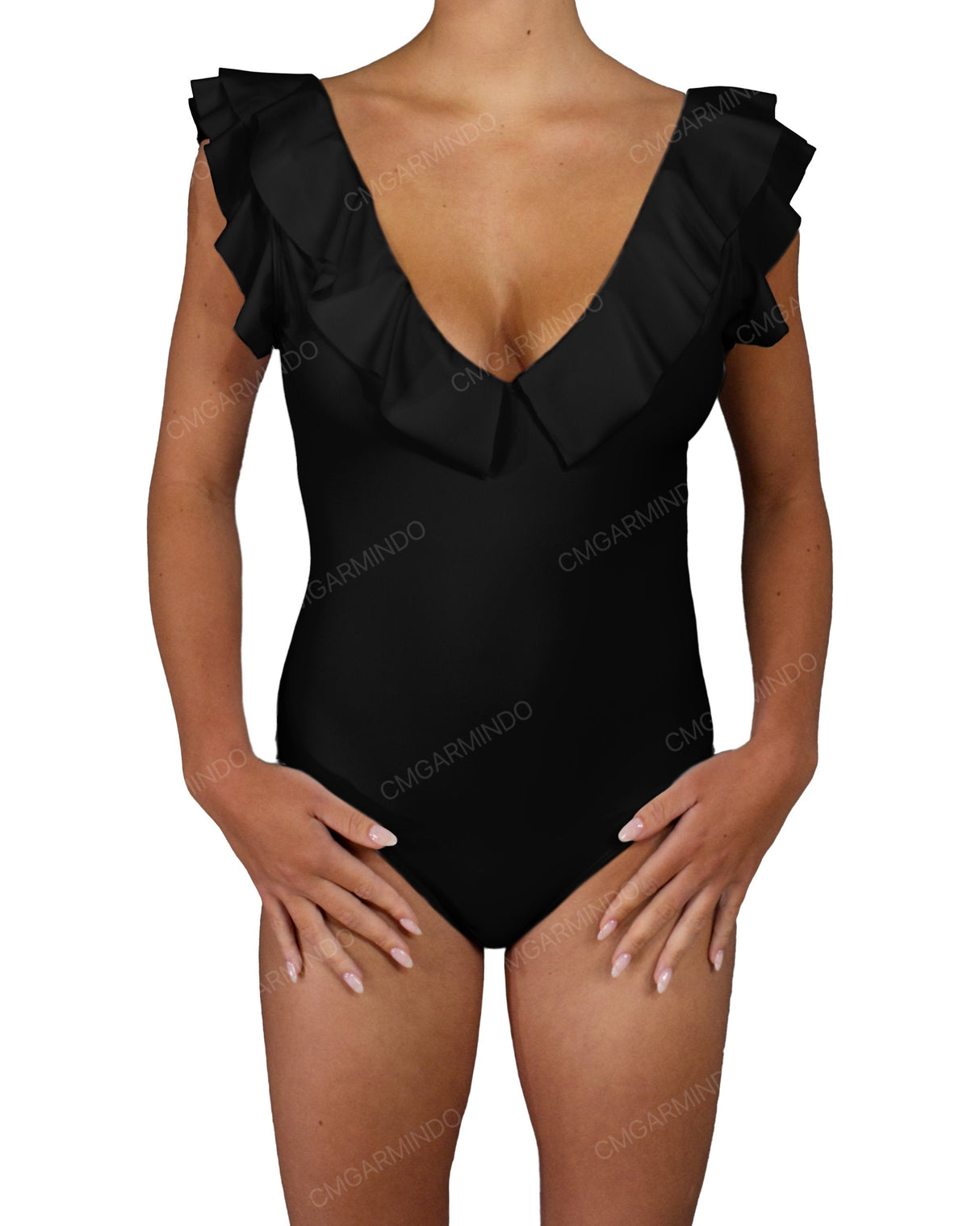 V-Neck Ruffle Trim One Piece