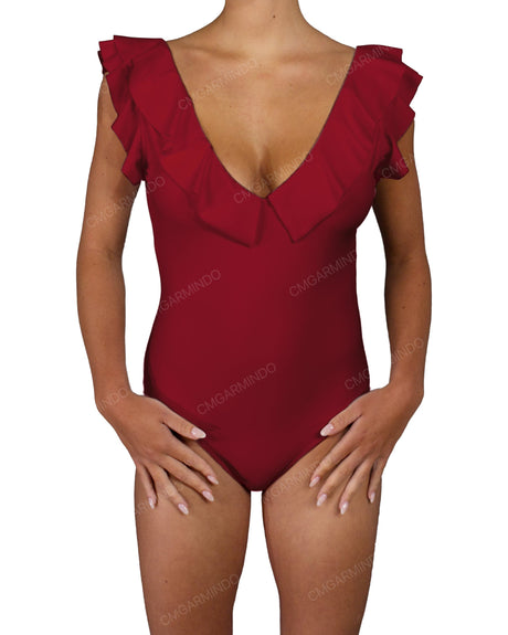 V-Neck Ruffle Trim One Piece