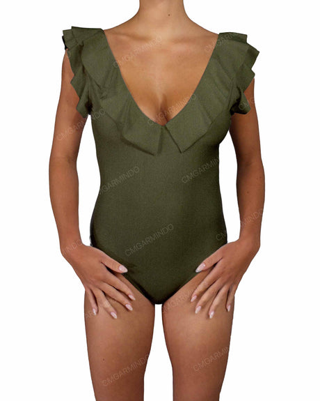 V-Neck Ruffle Trim One Piece
