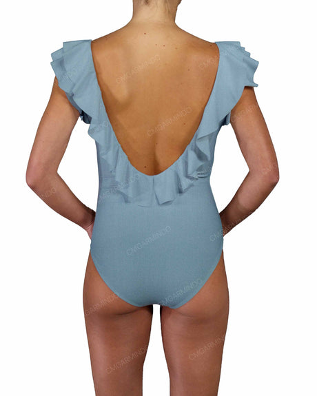 V-Neck Ruffle Trim One Piece