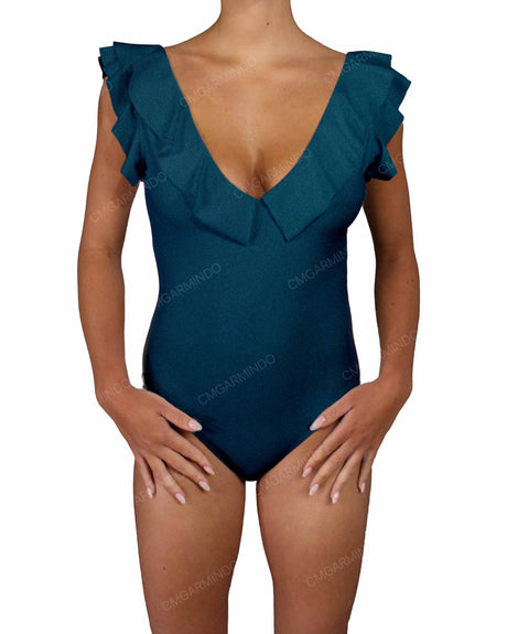 V-Neck Ruffle Trim One Piece