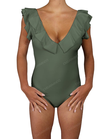 V-Neck Ruffle Trim One Piece