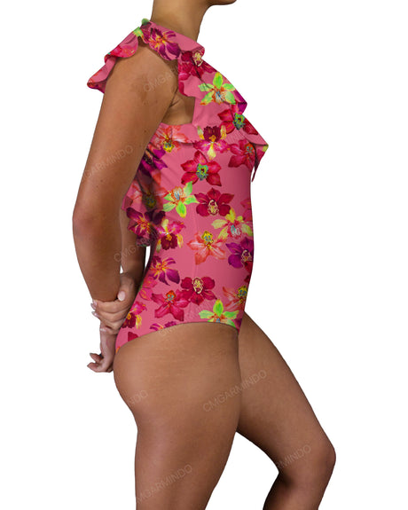 V-Neck Ruffle Trim One Piece