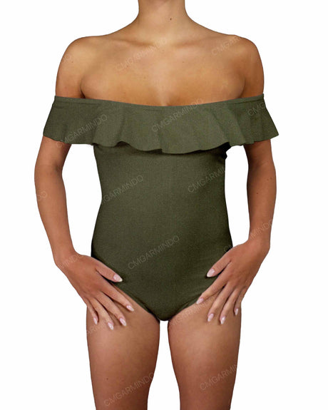Off Shoulder Ruffle Trim One Piece