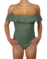 Off Shoulder Ruffle Trim One Piece