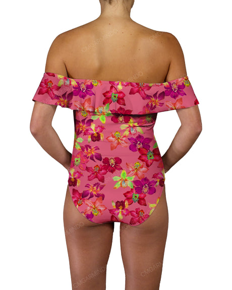 Off Shoulder Ruffle Trim One Piece