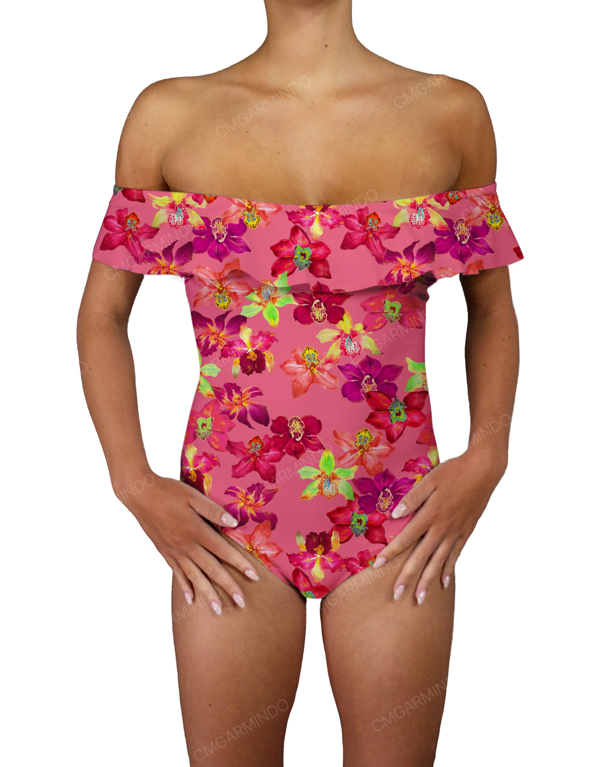 Off Shoulder Ruffle Trim One Piece